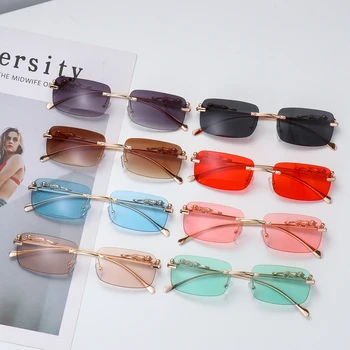 Ретро Модерни правоъгълни слънчеви очила без рамки, с океанскими лещи, Слънчеви очила с нотки на UV400, украшения във формата на Леопард, Очила за жени и мъже