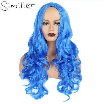 Имитатор на синтетични перуки за жени, дълга къдрава коса, висока влакнести синя перука със средна част Pelucas