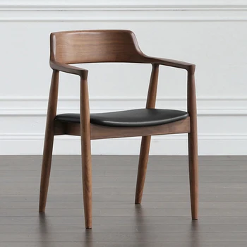 Дървена минималистичен стол Nordic Фоайе, Удобен и модерен кожен стол за възрастни, дизайнерски офис, Мебели за дома