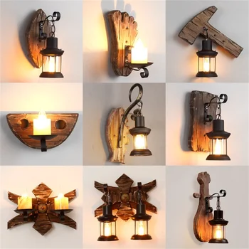Ретро промишлен дървен стенен лампа, декорация за дома в стил loft, монтиран на стената лампа, стенни лампи, метален стъклена лампа за прикроватного осветление в хола